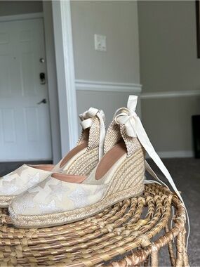 Castaner Cream Star-Pattern Espadrille Wedge Sandals EU 38 US 7.5 Ankle Tie